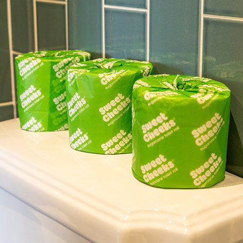 Sweet Cheeks Row of Three 2ply Toilet Roll on Toilet
